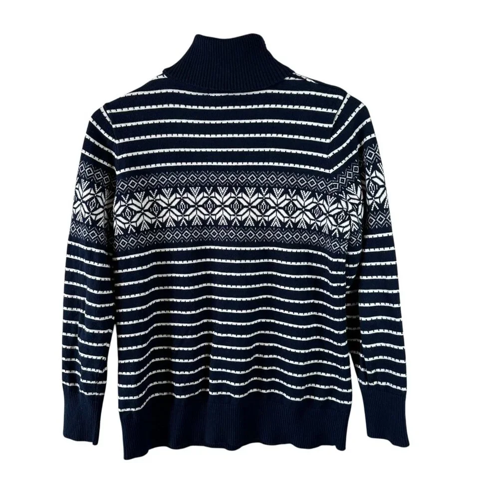L.L.Bean Navy Fair Isle Stripe Cotton Cashmere Turtleneck Sweater Size Large - Picture 5 of 6